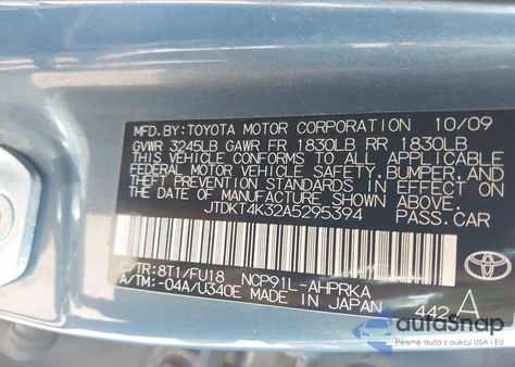 2010 Toyota Yaris z USA, uszkodzony, nr VIN JTDKT4K32A5295394